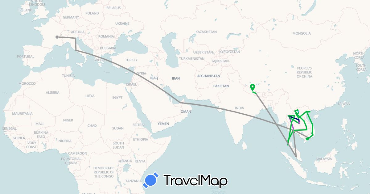 TravelMap itinerary: driving, bus, plane, train, boat in United Arab Emirates, France, Italy, Laos, Malaysia, Nepal, Thailand, Vietnam (Asia, Europe)